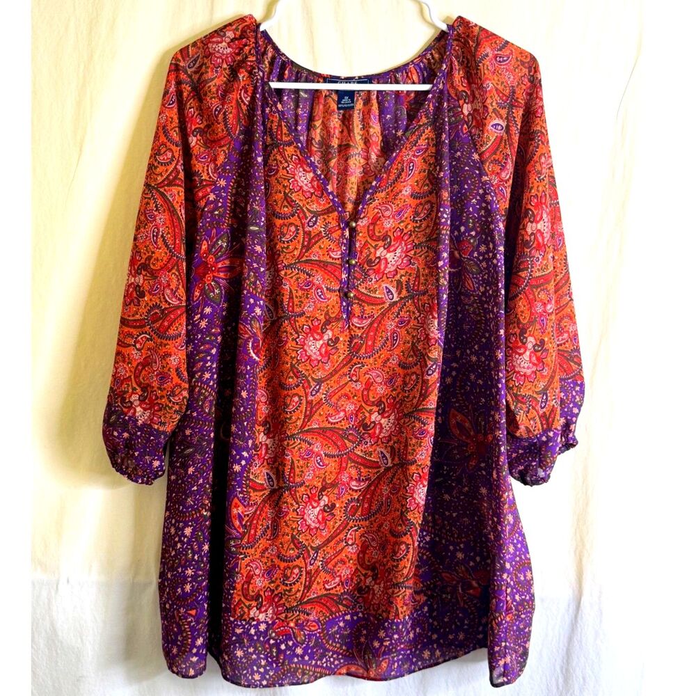 Chaps Women's Boho Peasant Blouse Rust Orange & Purple Floral Paisley Size 1X